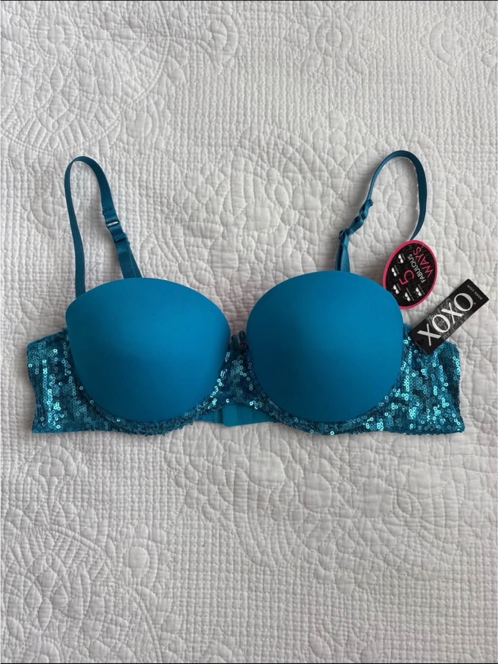 Vintage Y2K XOXO Teal Sequin Push-Up Strapless Balconette Bra